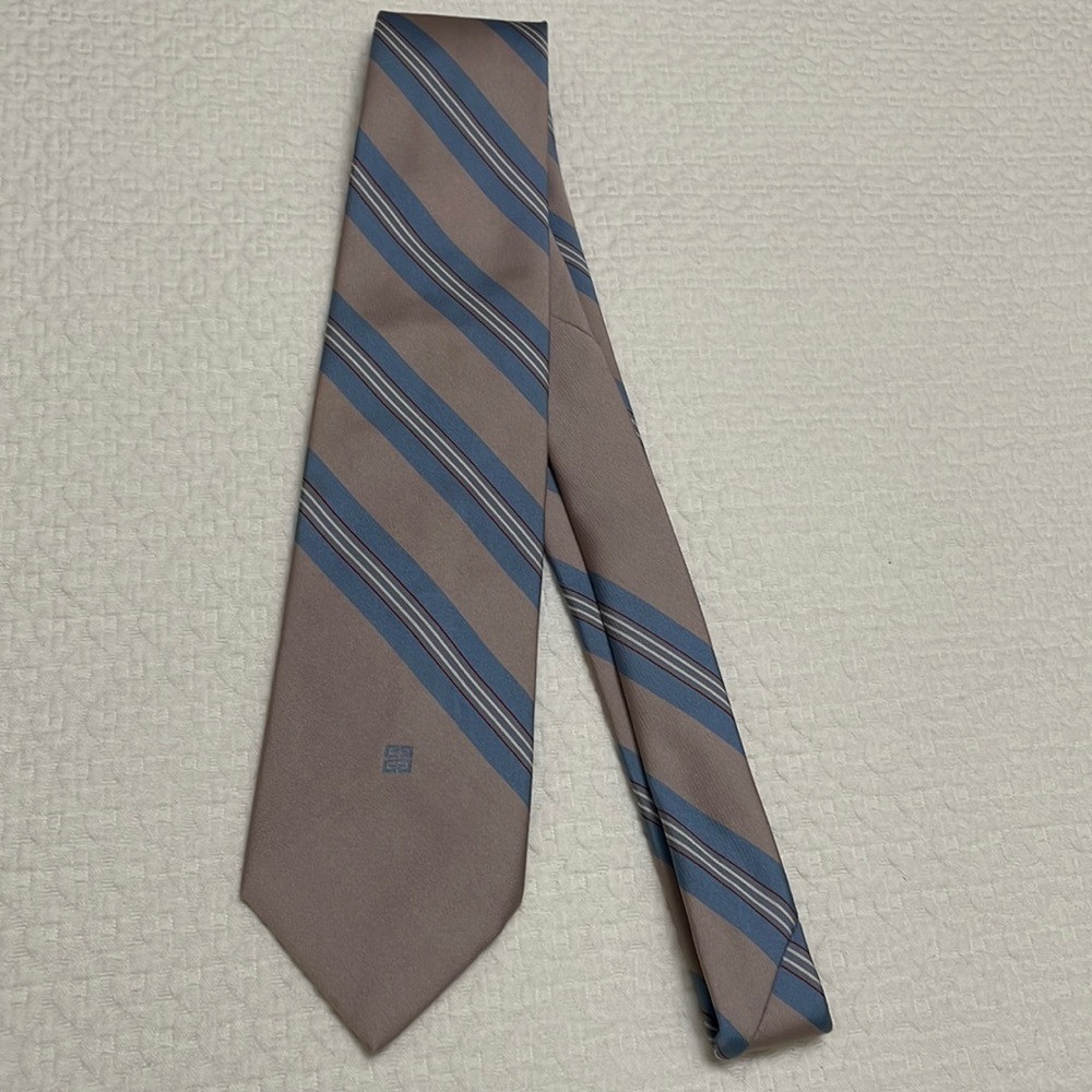 Givenchy Classic Taupe and Blue Silk Striped Tie—Great Condition!
